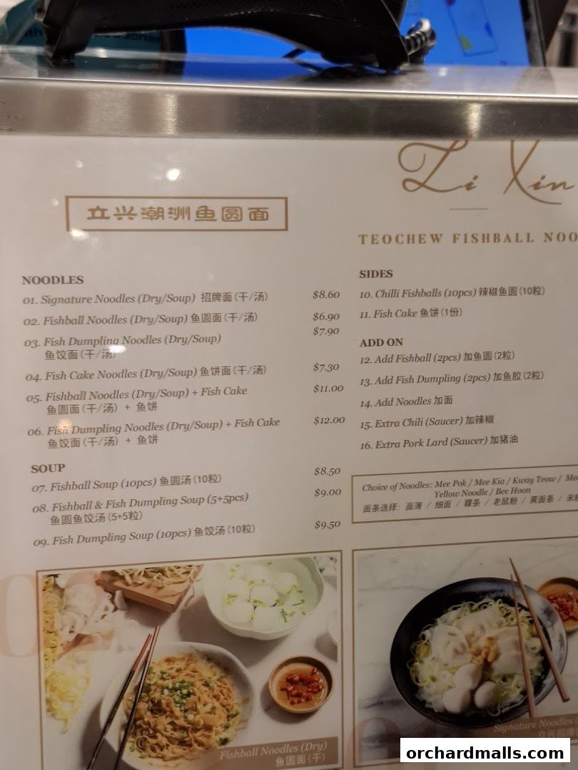 A menu for Li Xin Teochew Fishball Noodles, featuring various noodle and soup options with prices.