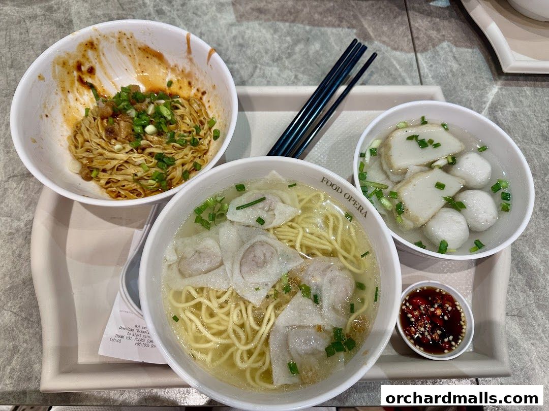 A tray of Teochew fishball noodles, dry noodles, and fishballs with dipping sauce.