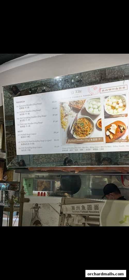 A menu for Li Xin Teochew Fishball Noodles, featuring various noodle and soup dishes with prices.