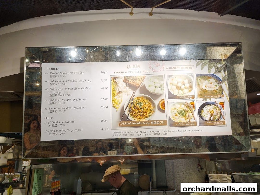 A menu board for Li Xin Teochew Fishball Noodles with various noodle and soup options.