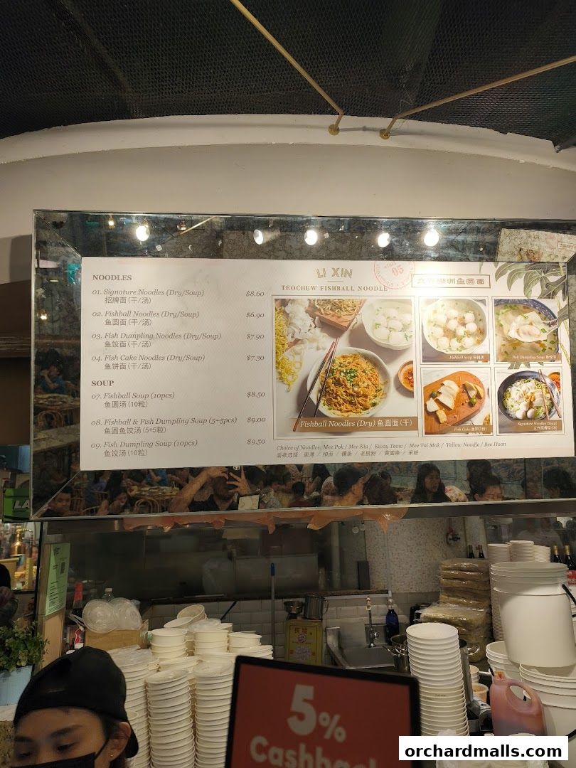 A menu for Li Xin Teochew Fishball Noodles with various noodle and soup options.