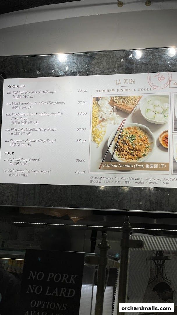 A menu for Li Xin Teochew Fishball Noodles, featuring noodle and soup dishes with prices.