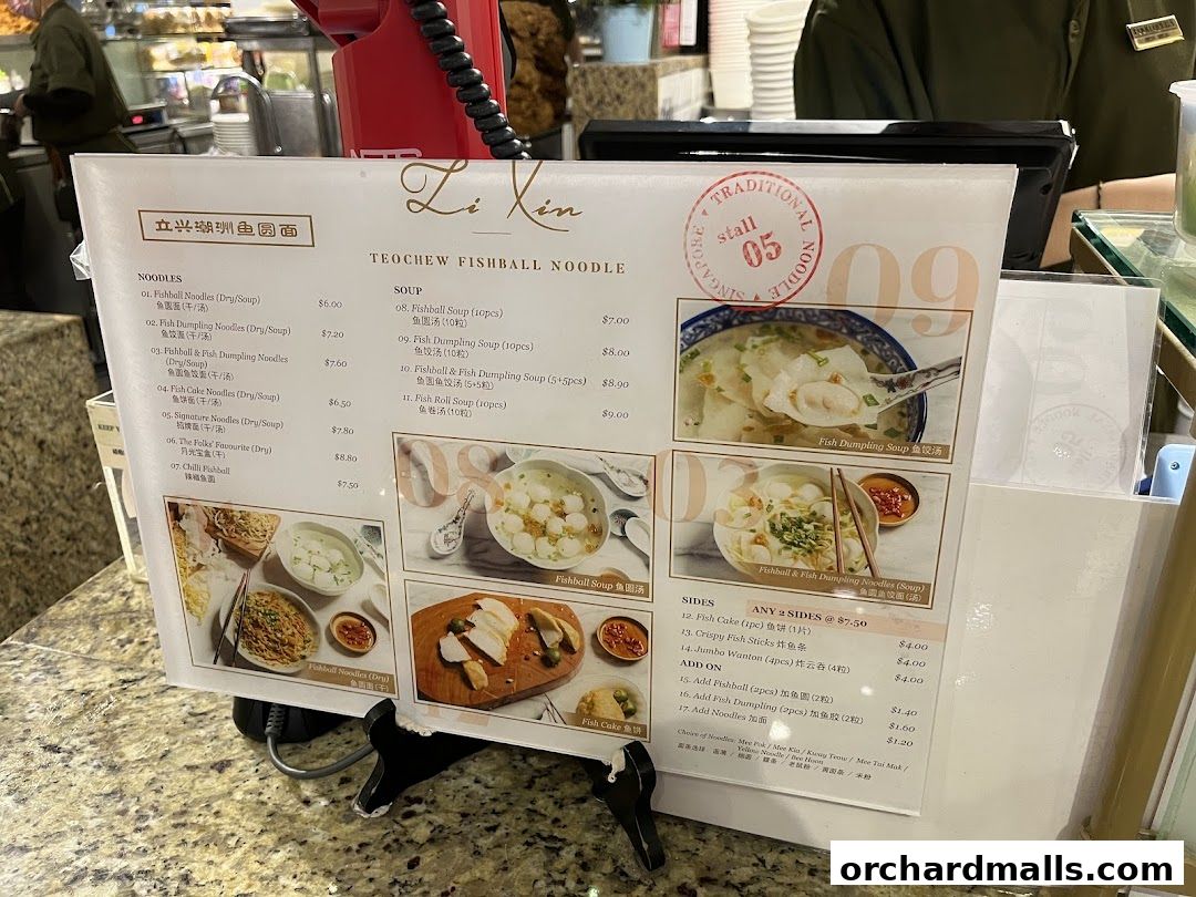 A menu for Li Xin Teochew Fishball Noodles with pictures of their dishes.