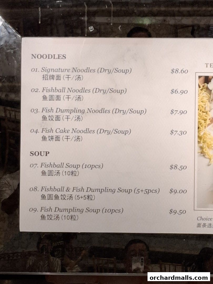 A menu for LiXin Teochew Fishball Noodles featuring noodles and soup dishes.