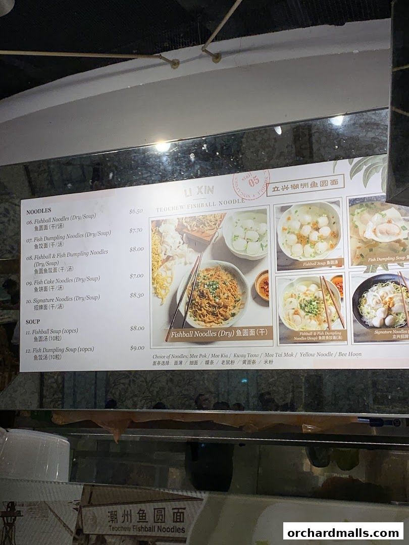 A menu for Li Xin Teochew Fishball Noodles featuring various noodle and soup dishes with prices.