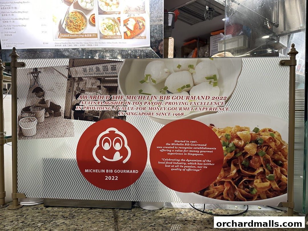 A banner showcasing Michelin Bib Gourmand award for Teochew Fishball Noodles with images of food and historical photos.