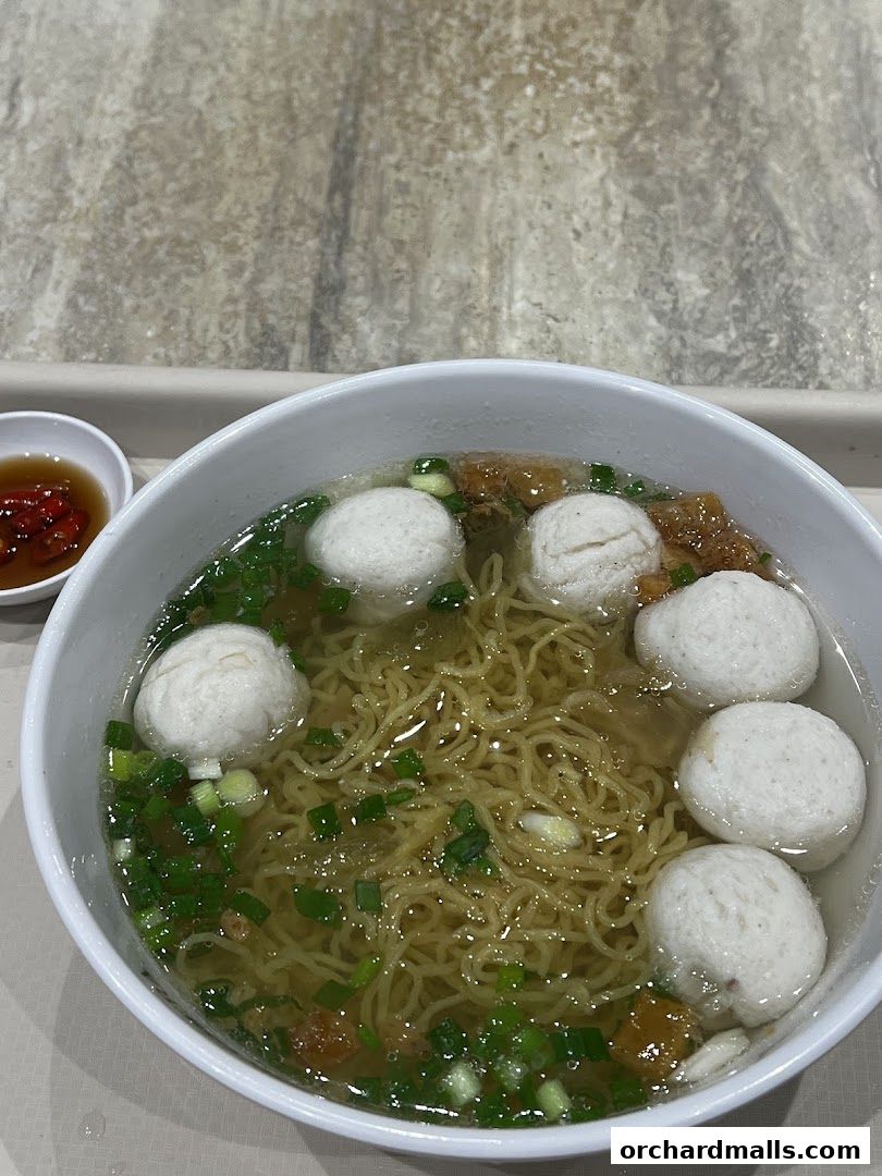 A bowl of Teochew fishball noodles with spring onions and a side of chili sauce.