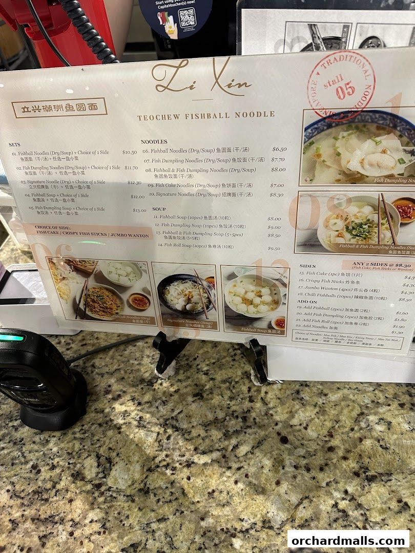 A menu for Li Xin Teochew Fishball Noodles with various noodle and soup options.