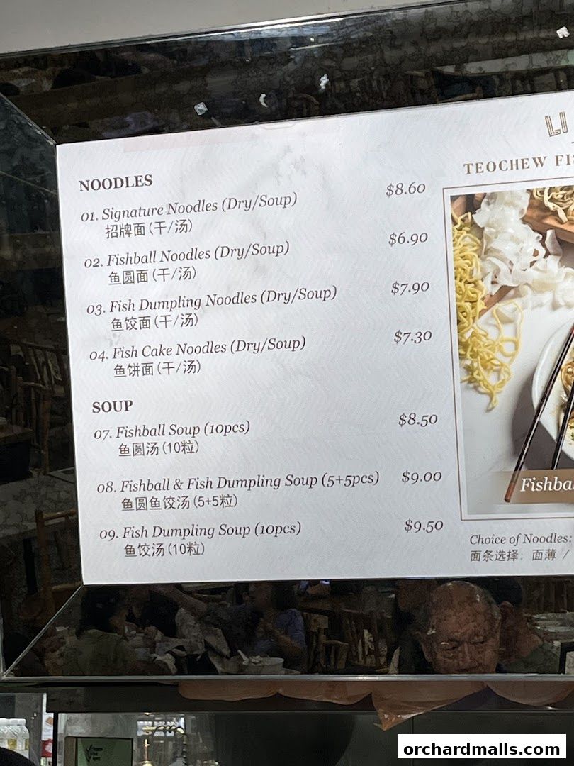 A menu for LiXin Teochew Fishball Noodles featuring noodle and soup dishes with prices.