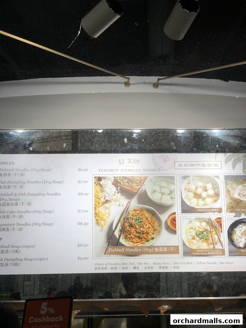 A menu for Li Xin Teochew Fishball Noodles with various noodle dishes and prices.