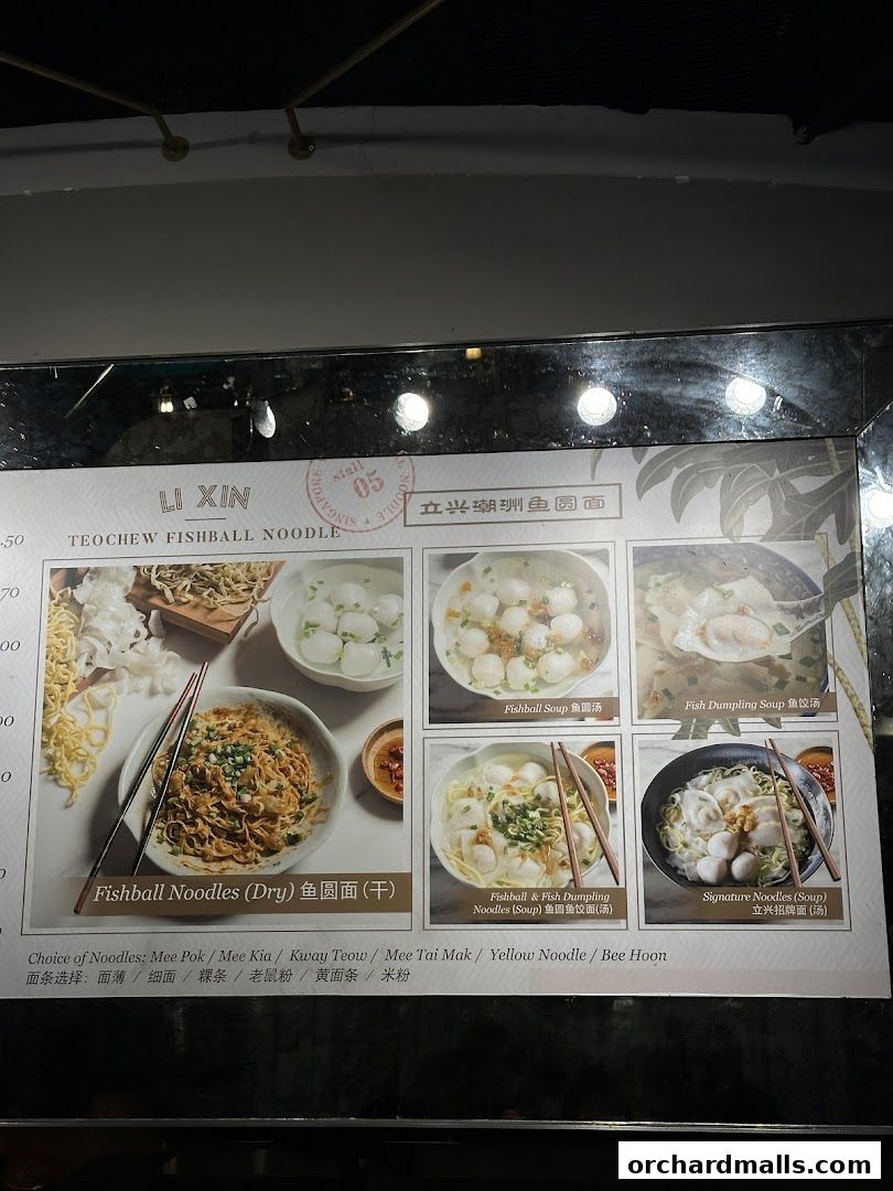 A menu board for Li Xin Teochew Fishball Noodles, showcasing various noodle dishes with images.