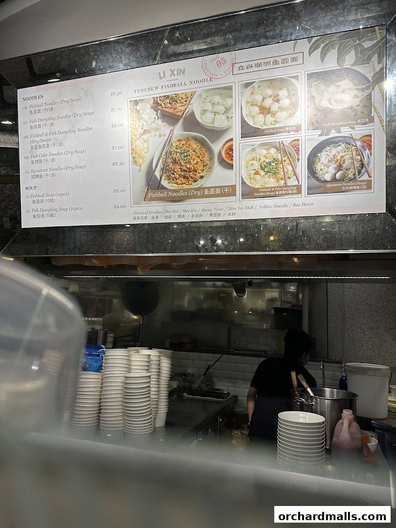A menu for Li Xin Teochew Fishball Noodles, showcasing various noodle and soup dishes with prices.