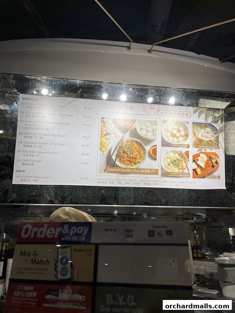 A menu for Li Xin Teochew Fishball Noodles with various noodle and soup options.