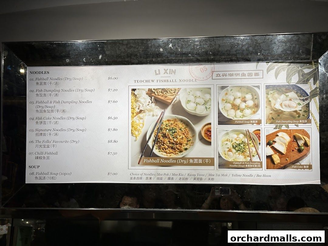 A menu board for Li Xin Teochew Fishball Noodles, showcasing various noodle and soup dishes with prices and images.