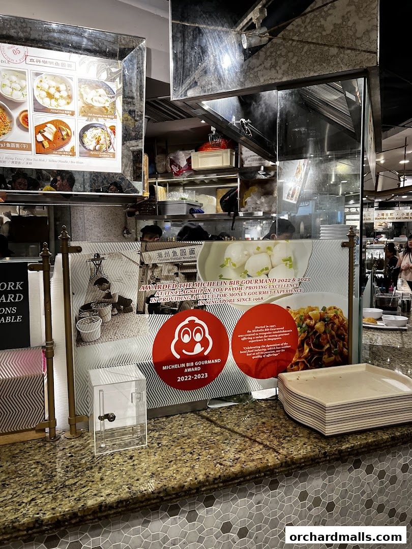 A display showcasing Michelin Bib Gourmand awards and food images for LiXin Teochew Fishball Noodles.