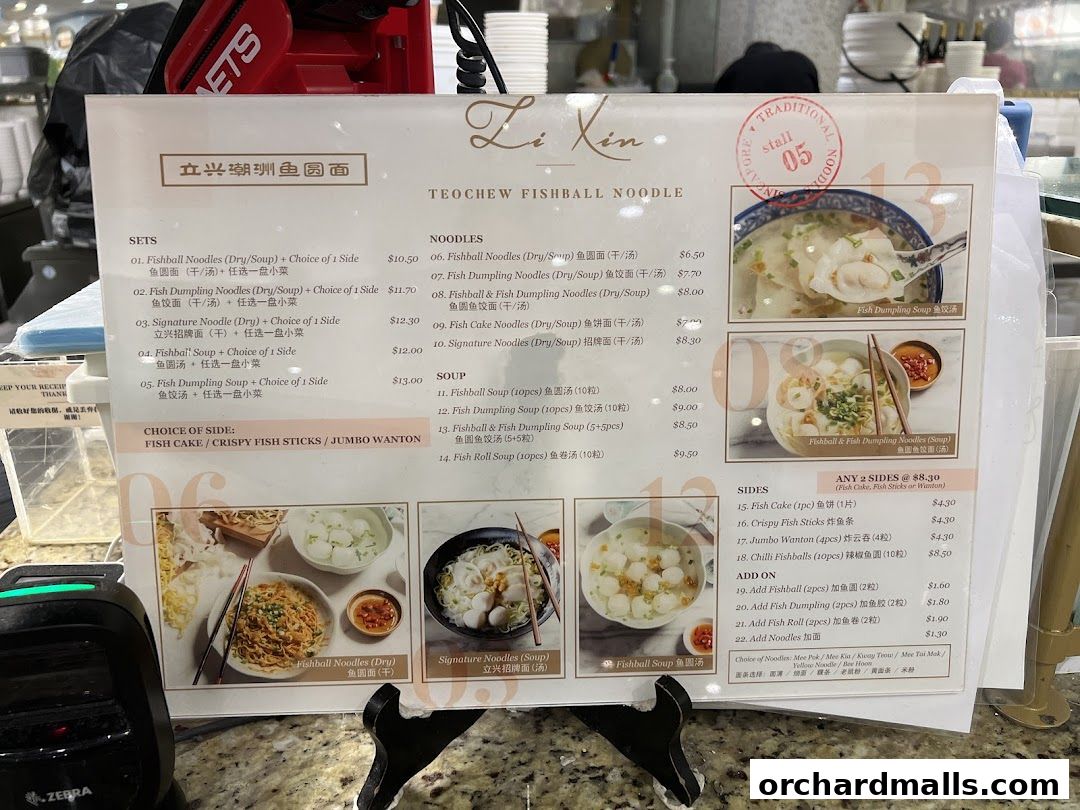 A menu for Li Xin Teochew Fishball Noodles featuring sets, noodles, soup, sides, and add-ons.