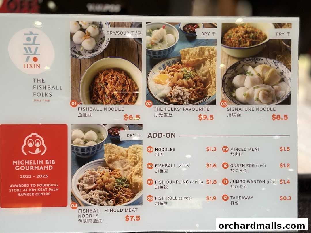 A menu for LiXin Teochew Fishball Noodles, featuring various noodle dishes and add-ons.