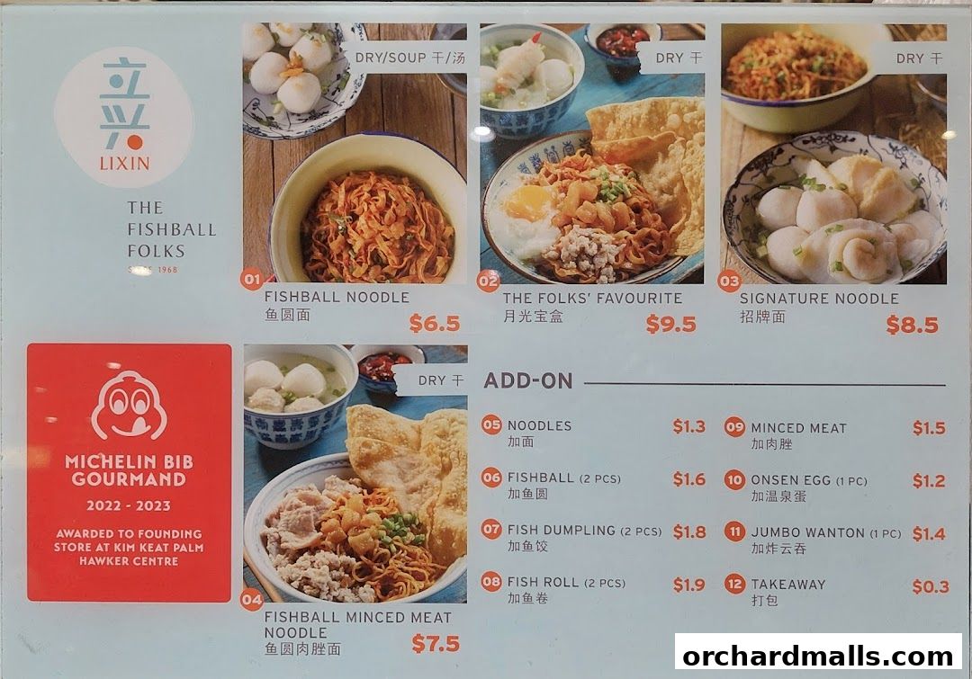 A menu for LiXin Teochew Fishball Noodles featuring various noodle dishes and add-ons.