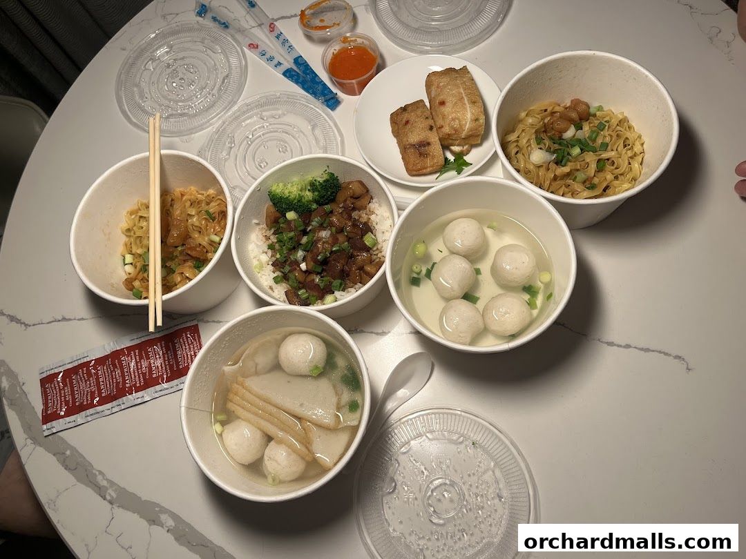 A spread of Teochew fishball noodles and other dishes, ready to be enjoyed.