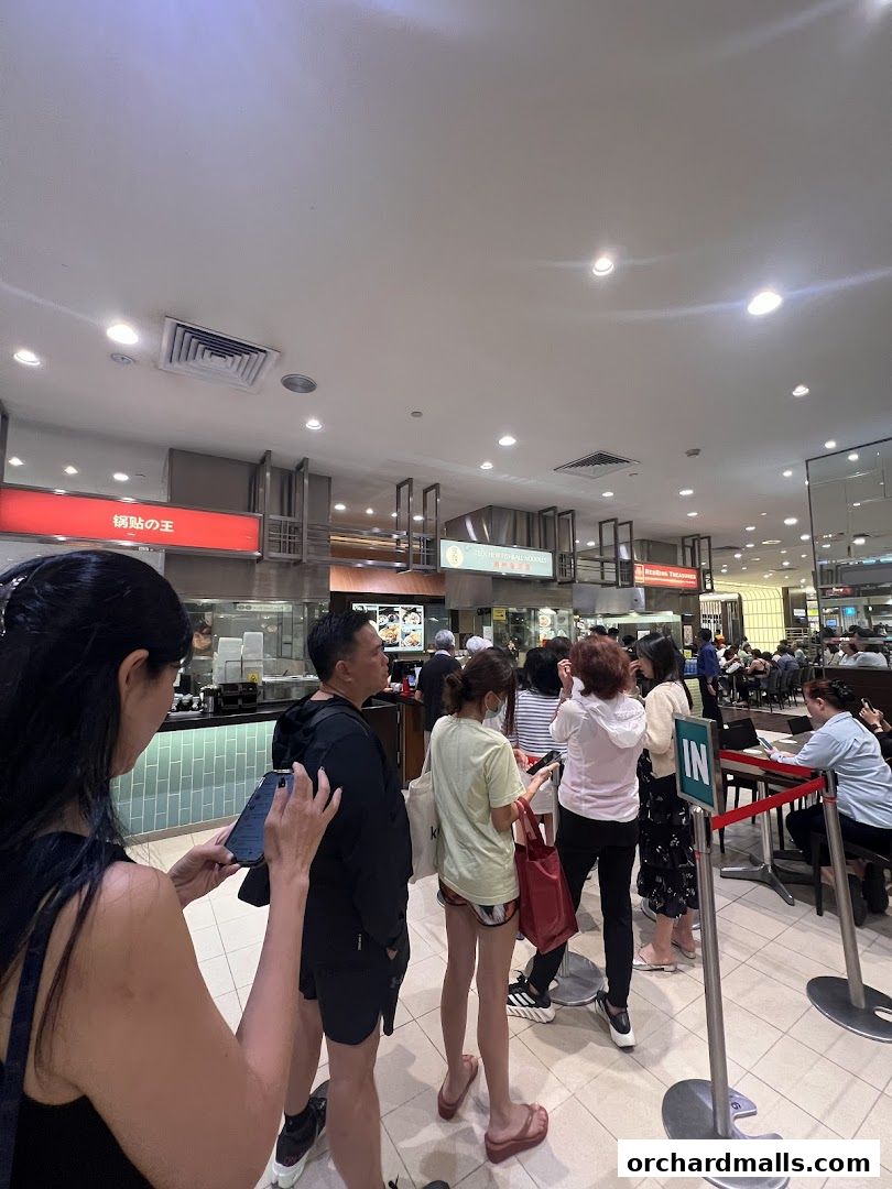 People queuing at a food stall in a busy mall food court.
