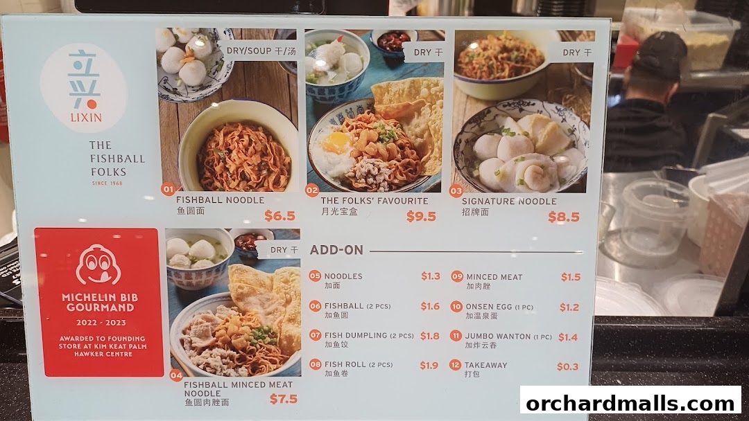 A menu board for LiXin Teochew Fishball Noodles, showcasing popular dishes and add-ons.