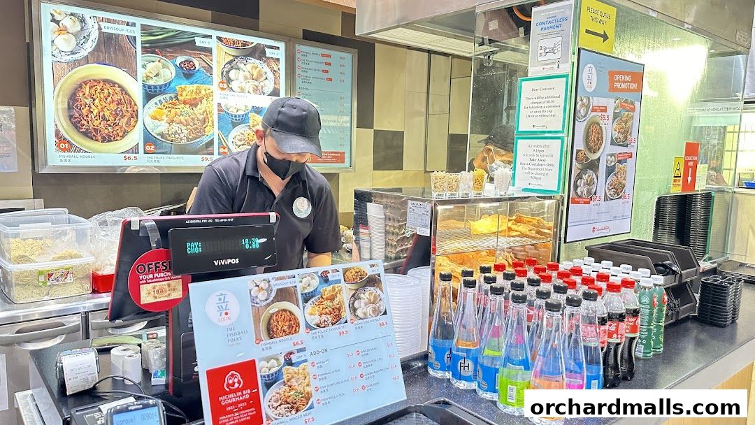 A display of fishball noodle dishes and add-ons at LiXin Teochew Fishball Noodles.