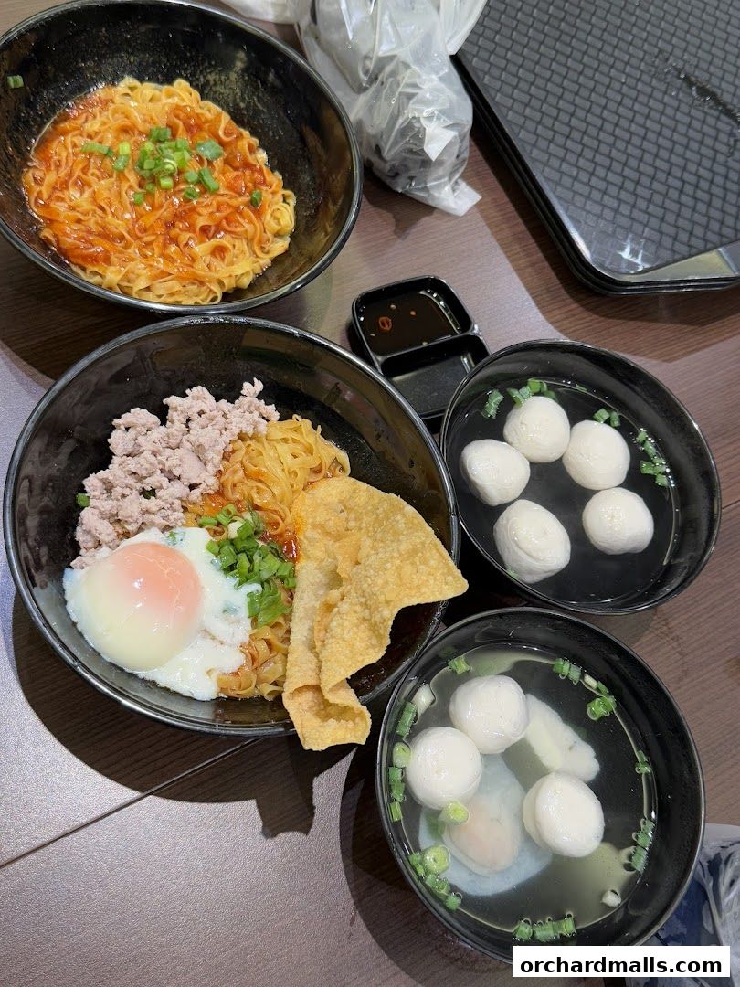 A spread of delicious Teochew fishball noodles with various toppings and soup.