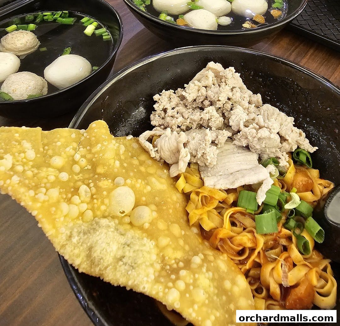 A close-up of a delicious bowl of Teochew fishball noodles with minced pork and crispy wonton.