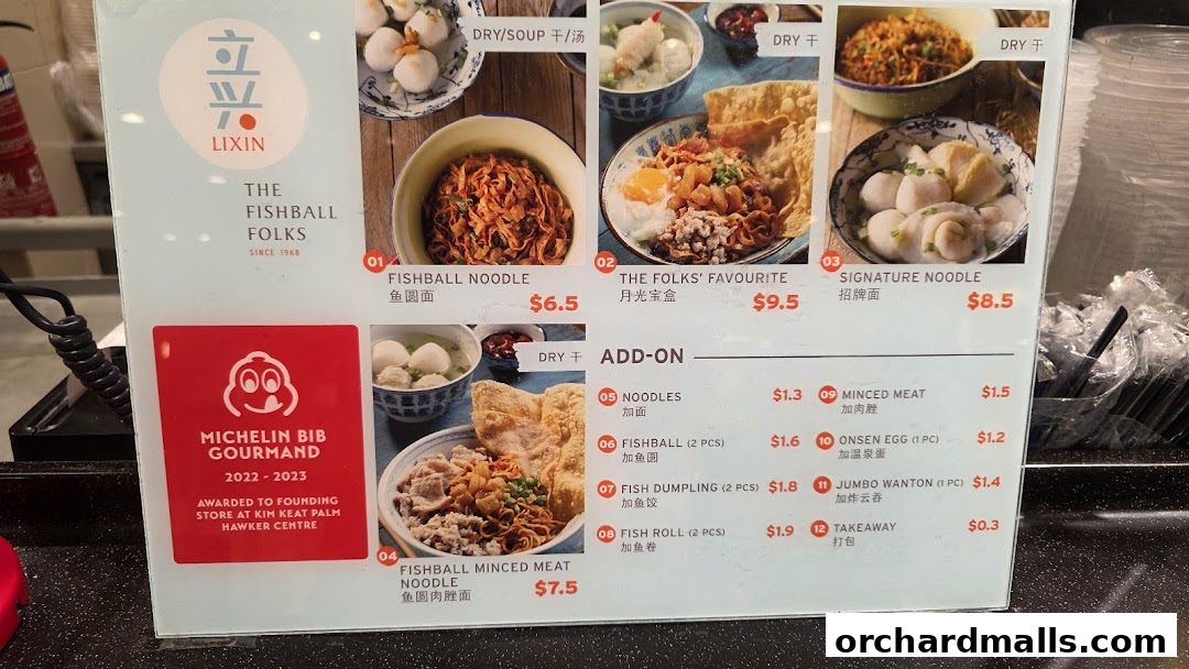A menu board for LiXin Teochew Fishball Noodles, showcasing popular dishes and add-ons.