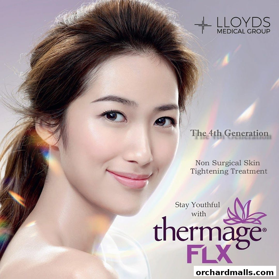 A woman's face is shown with text promoting a non-surgical skin tightening treatment.