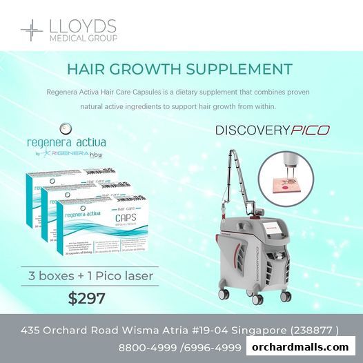 Lloyds Medical Group promotes hair growth supplement and Pico laser treatment package.