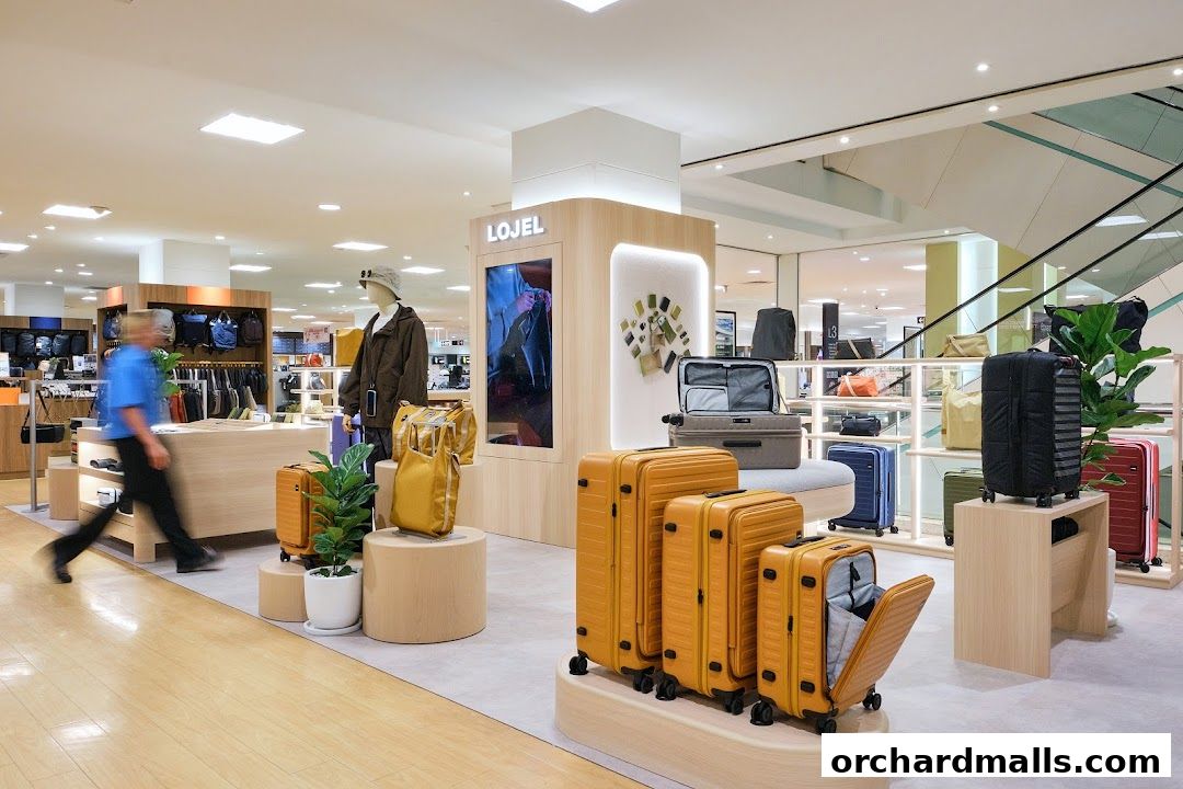 A well-lit shop interior showcasing a variety of luggage and travel bags.