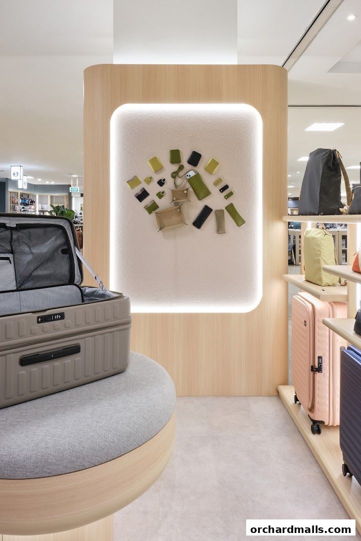 A display of luggage and travel accessories in a modern retail store.