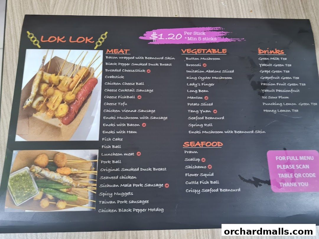 A menu for Lok Lok Fa featuring various skewers of meat, vegetables, seafood, and drinks.