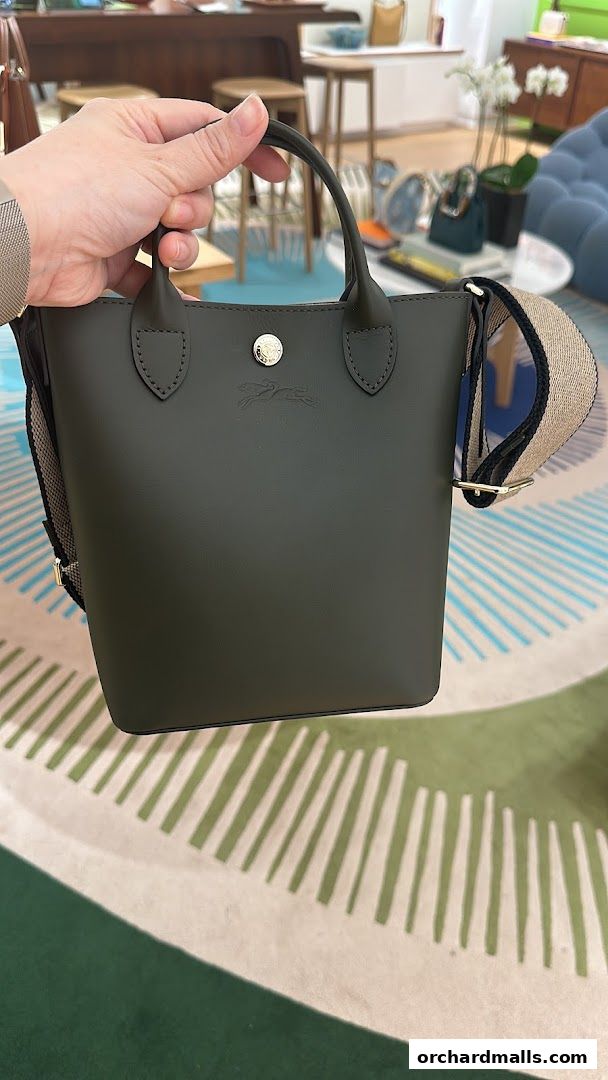 A hand holds a dark green Longchamp handbag with a detachable strap.
