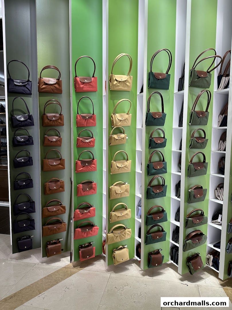 A display of Longchamp handbags in various colors and sizes on shelves.