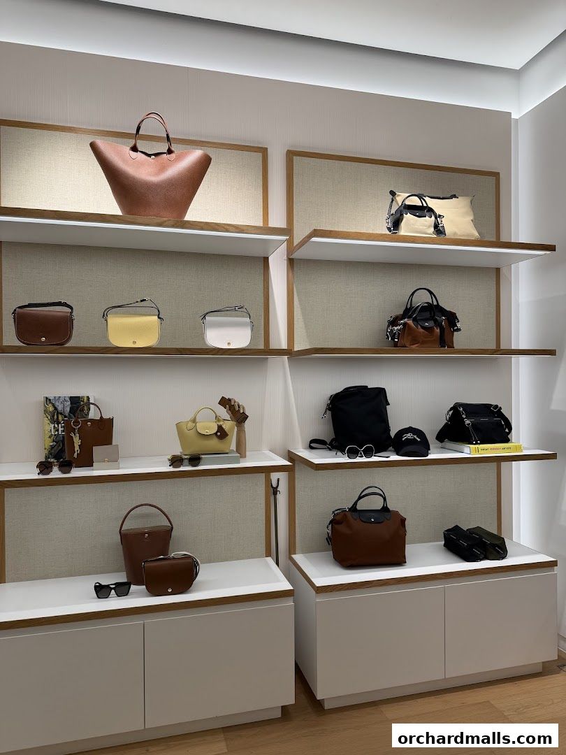 A well-lit display of various Longchamp handbags and accessories on shelves.