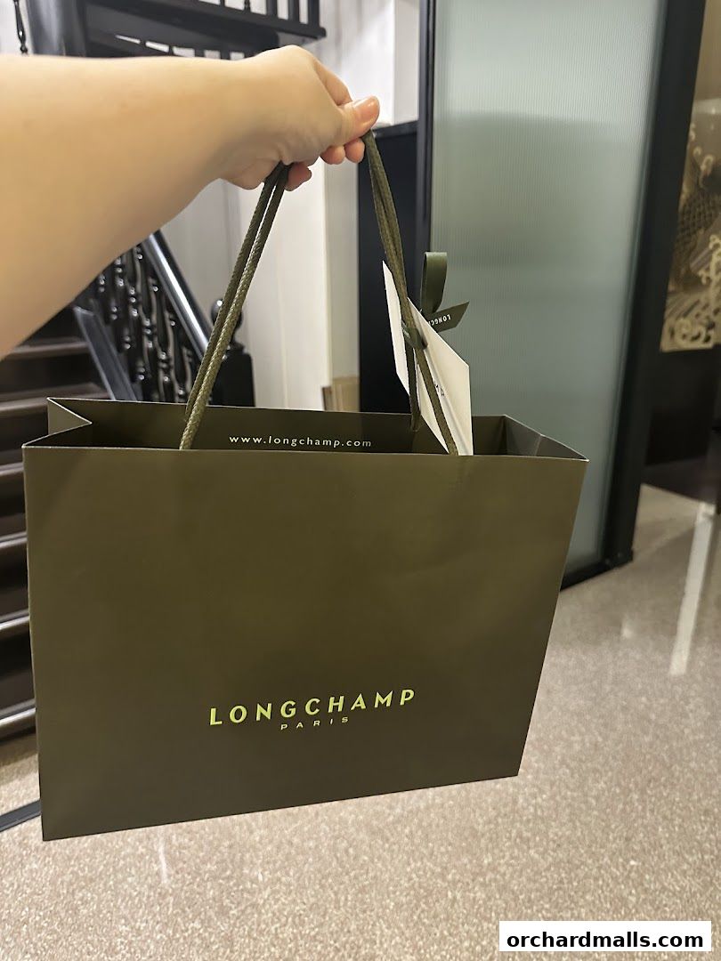 A hand holds a Longchamp shopping bag with a tag attached.