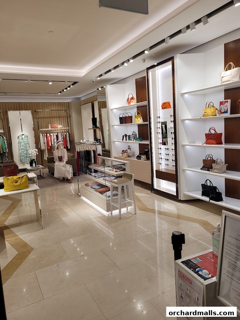 Interior view of a Longchamp store showcasing handbags, clothing, and accessories on display shelves.