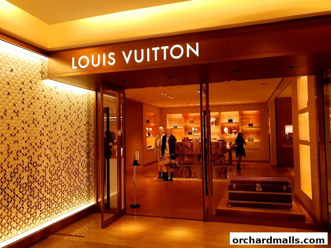 The entrance of a Louis Vuitton store with illuminated signage and displays of handbags and clothing.