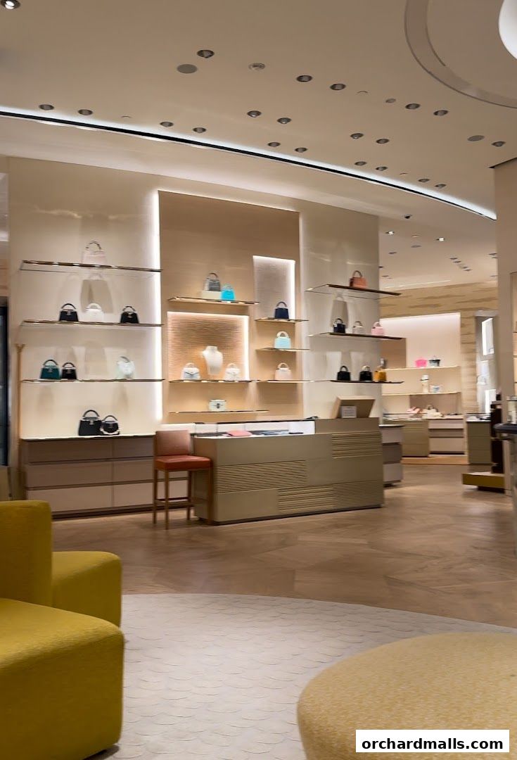 Interior of a Louis Vuitton store showcasing handbags on illuminated shelves.