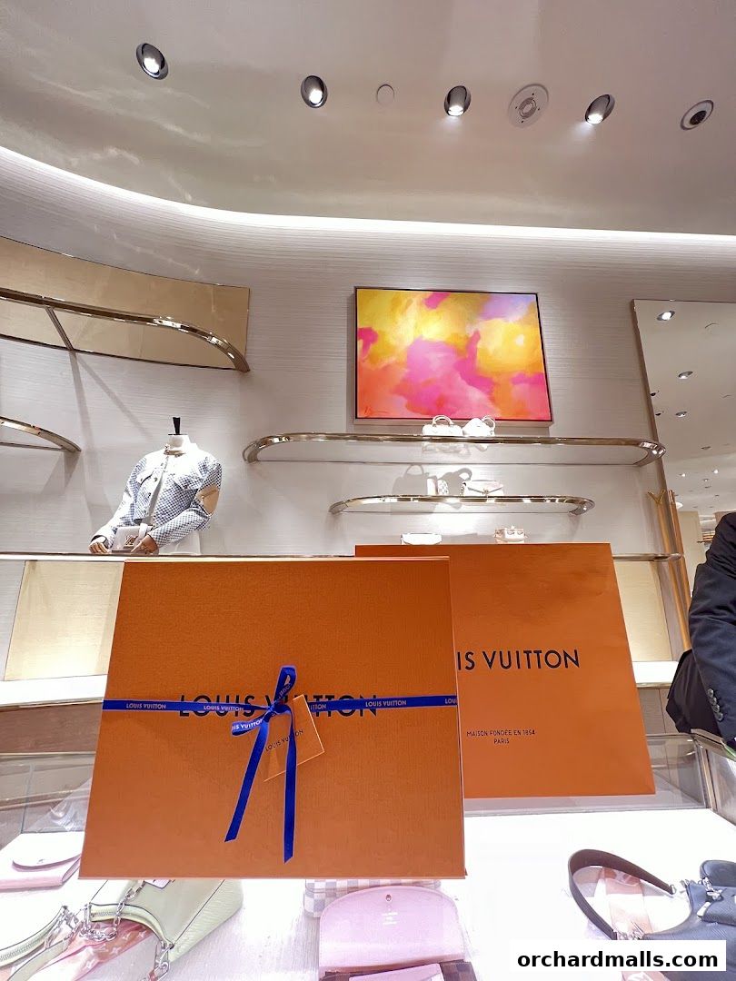 Louis Vuitton store interior with branded gift boxes and handbags on display.