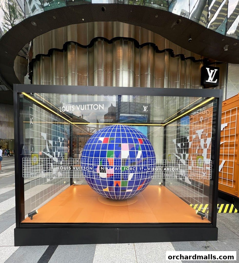 Louis Vuitton store window display featuring a globe and the Louis Vuitton x Nike Air Force 1 collaboration.