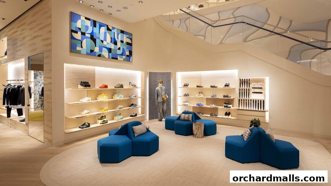 Interior view of a Louis Vuitton store showcasing footwear and apparel with modern seating.