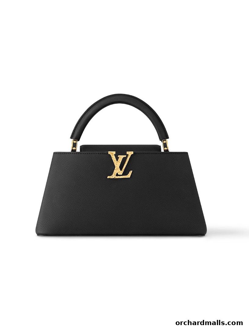 A black Louis Vuitton handbag with gold hardware and the iconic LV logo.