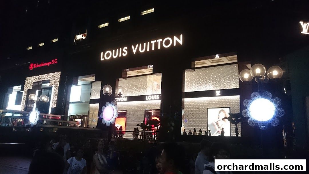 Louis Vuitton store front at night with illuminated signage and displays.