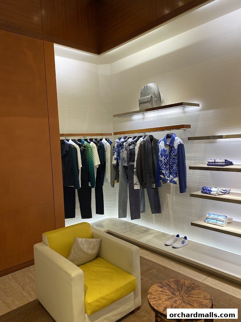 Interior of a Louis Vuitton store showcasing apparel, accessories, and seating.
