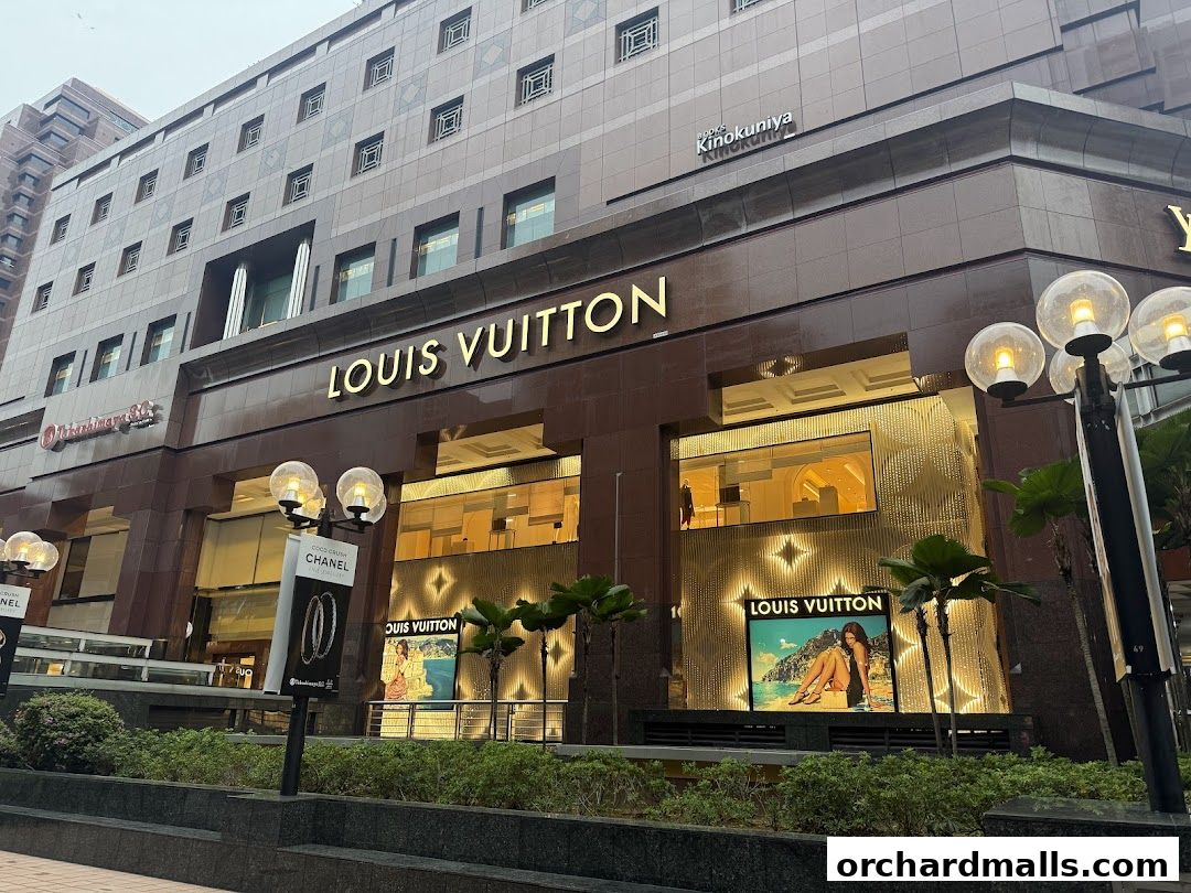 The Louis Vuitton store facade with illuminated displays and signage.
