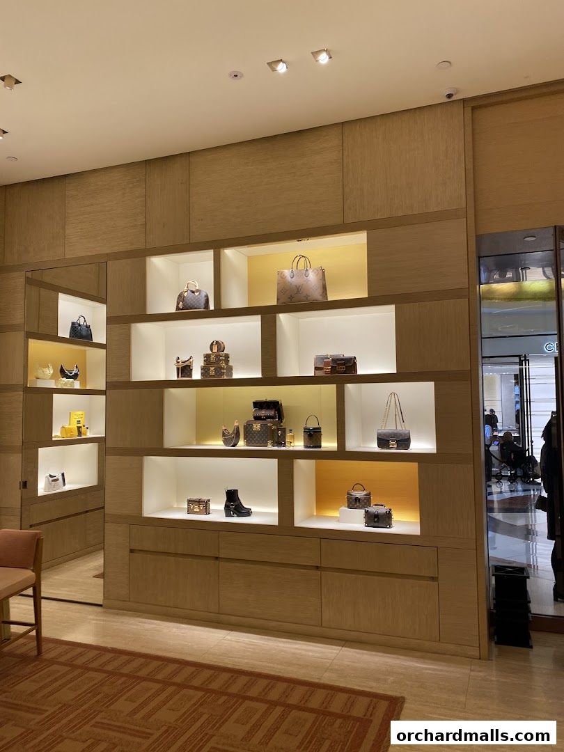 Interior view of a Louis Vuitton store showcasing handbags, shoes, and accessories on display shelves.
