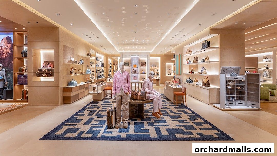 Interior view of a luxurious Louis Vuitton store showcasing handbags, luggage, and apparel.